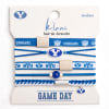 Packaged BYU hair ties and bracelets in blue and white.