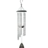 Silver metal wind chime with printed text and black sail featuring a white cross