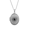 Silver locket necklace with a black heart center on a white background