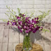 Purple orchids arranged in a clear glass vase