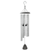 Silver wind chime with hanging metal tubes and a black clapper