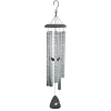 Metal wind chime with silver tubes and a black hanging clapper