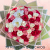 Heart-shaped bouquet of pink, red, and white roses with two white orchids