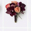 Small bouquet with peach roses and dark purple orchids
