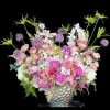 Pink and white mixed flower arrangement in a silver vase