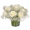 White roses and baby's breath arranged in a clear glass vase