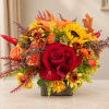Autumn bouquet with a red rose, sunflowers, and orange blooms in a square vase