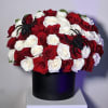 Round hat box arrangement of red and white roses with black glitter spiders.