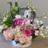 Round box arrangement of pink roses, orchids, tulips, hydrangeas and white orchids with green buds