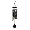 Black hanging wind chime with floral-print tubes and a bell