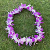 Purple and white orchid lei on grass