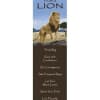 Tall inspirational bookmark with a lion illustration and advice text on a brown panel