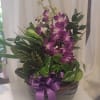 Purple orchids arranged in a dark bowl with a ribbon bow