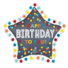 Star-shaped birthday balloon with colorful confetti text