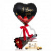 Heart-shaped balloon with a red rose bouquet and chocolates