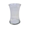 Clear hourglass-shaped glass vase on a white background