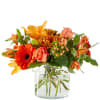 This stunning ensemble features a harmonious blend of vibrant orange roses, delicate