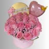 Pink rose bouquet in a round gift box with a birthday banner and heart balloon