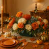 Orange and white floral centerpiece with pumpkins on a dining table
