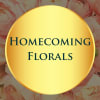 Pink ranunculus flowers behind a gold circle with the words Homecoming Florals