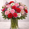 A lush and romantic arrangement featuring rich red roses, soft blush roses