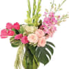Green Glass Ginger Jar Vase filled with Lavender Dendrobium Orchids, Purple Globe
