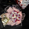 Bouquet of pink, white, red, and lavender roses with heart balloons and a teddy bear