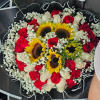 Bouquet of red and white roses with sunflowers and baby's breath