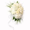 Hand-tied bridal bouquet of ivory roses and small white blooms with trailing white ribbon.