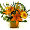 Bright orange asiatic lilies and other season blooms in a orange glass