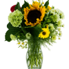 Sunflowers, Hydrangea, daisies, garden flowers arranged in a mason jar with Ralphina's