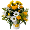 Yellow roses and white daisies in a white pitcher vase