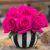 Hot pink roses arranged in a striped black-and-white vase