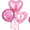 Pink heart-shaped balloons with a breast cancer ribbon design