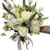 Handheld bouquet of white roses and pale green blooms with a ribbon tie
