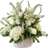 White roses and hydrangeas in a white wicker basket
