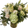 Soft and delicate arrangement of hydrangea, roses, calla lilies, lily, veronica, 