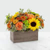 Mixed orange and yellow flowers in a rectangular wood box