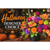Halloween flower arrangement in a black pot with orange and purple blooms