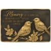 Rectangular memorial plaque with two gold birds on branches and an engraved sympathy verse.