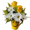 Cute Happy Face Mug filled with Daisies, Solidago and yellow Roses! 