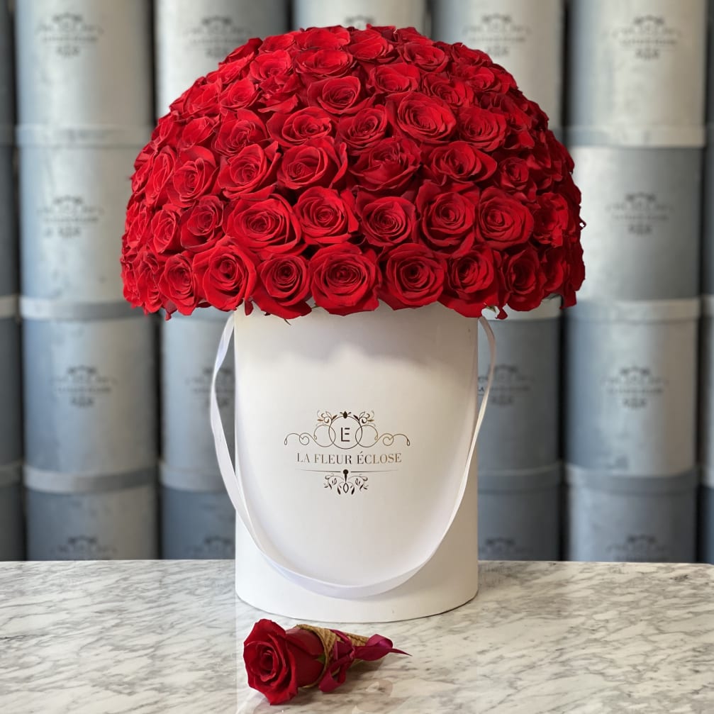 Large dome of red roses in a white hatbox with a single rose boutonniere in front