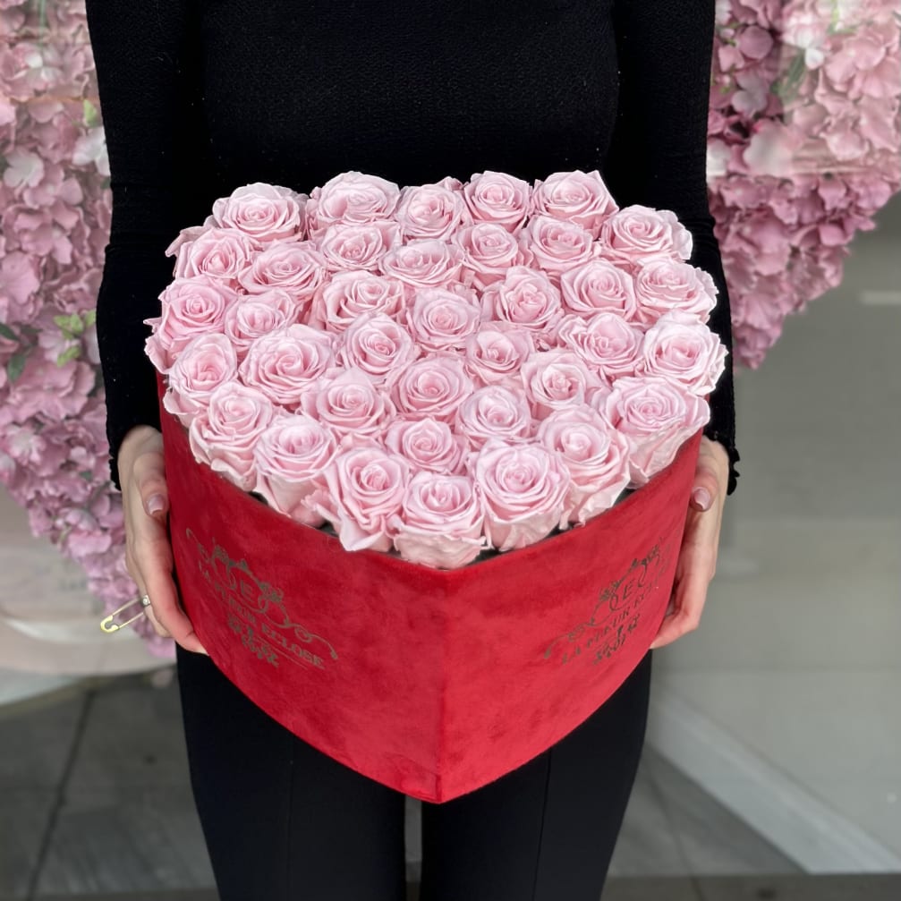 Heart-shaped box of pale pink roses held by a person