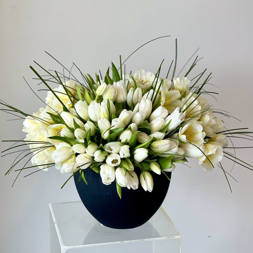 White tulips arranged in a dark round vase