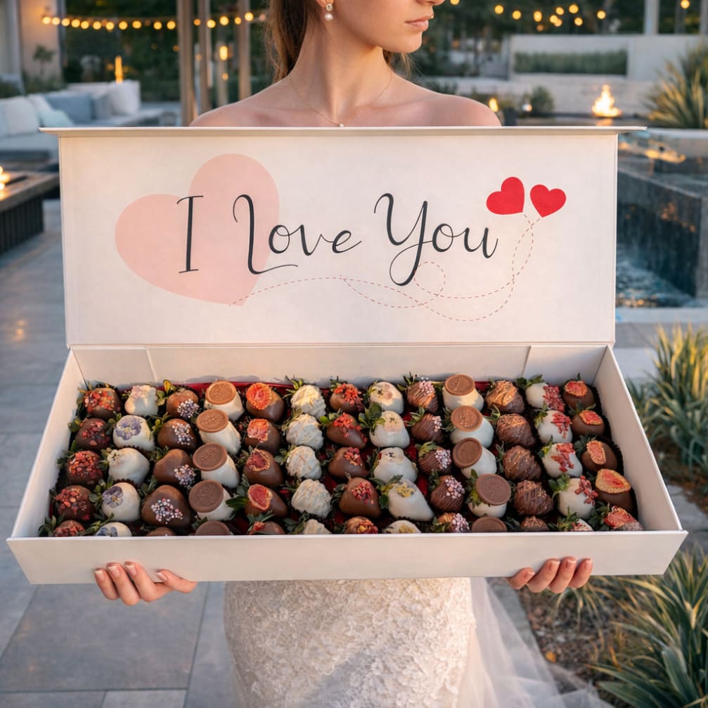 Woman holding a gift box of chocolate-covered strawberries with an "I Love You" lid