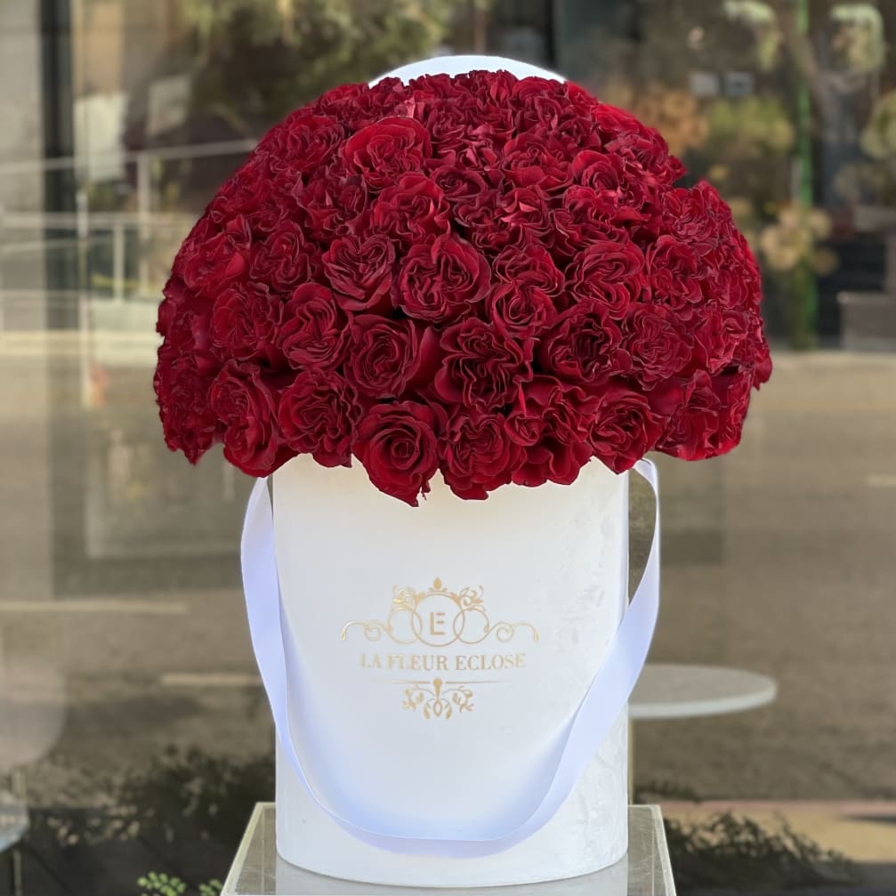 Large dome of red roses in a white hatbox with ribbon handles