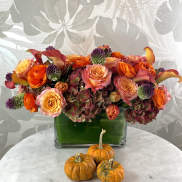 Orange and pink floral arrangement in a square glass vase with small pumpkins