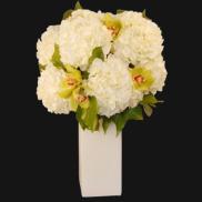 White hydrangea and green orchid arrangement in a tall white vase