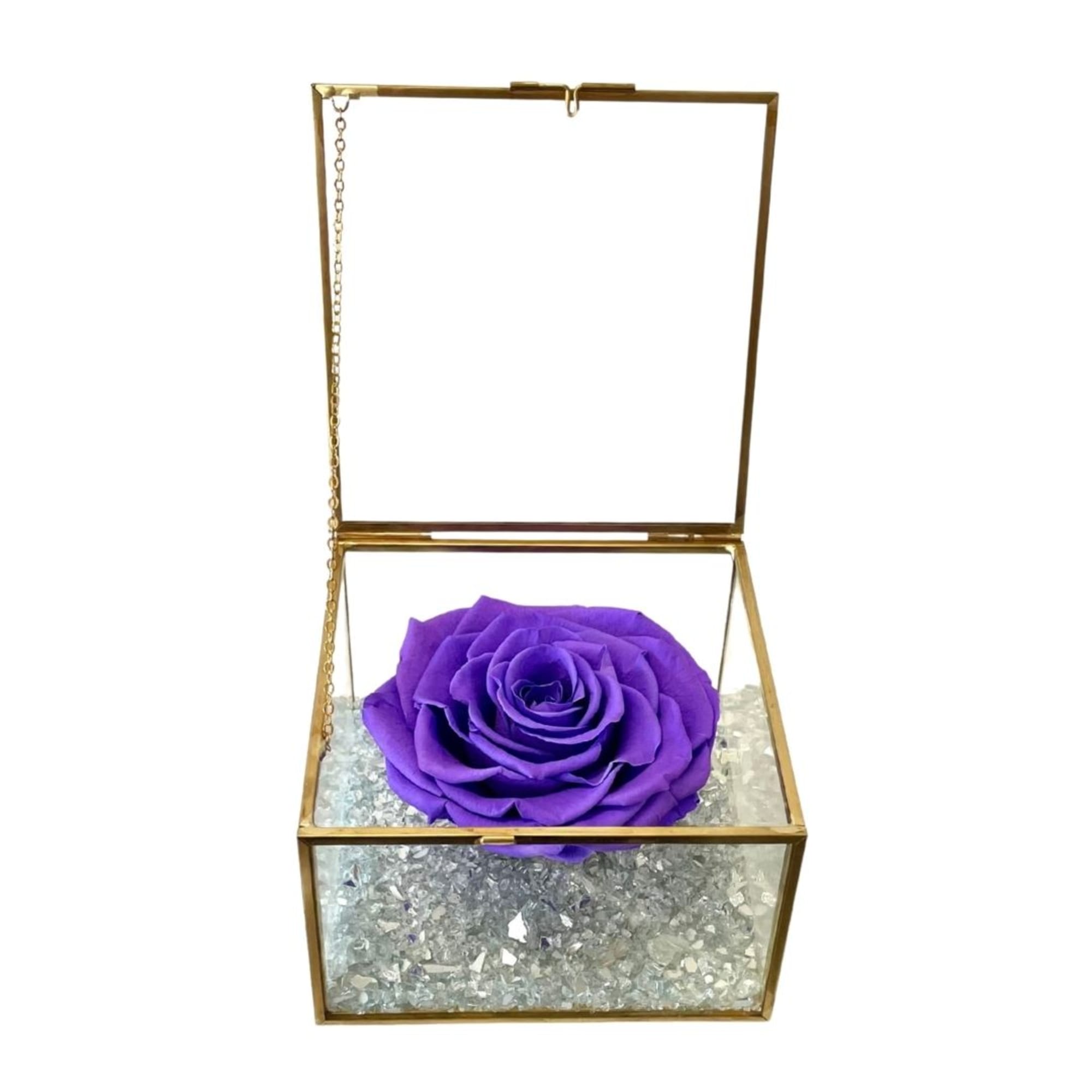 Purple rose in a gold glass box with a hinged lid