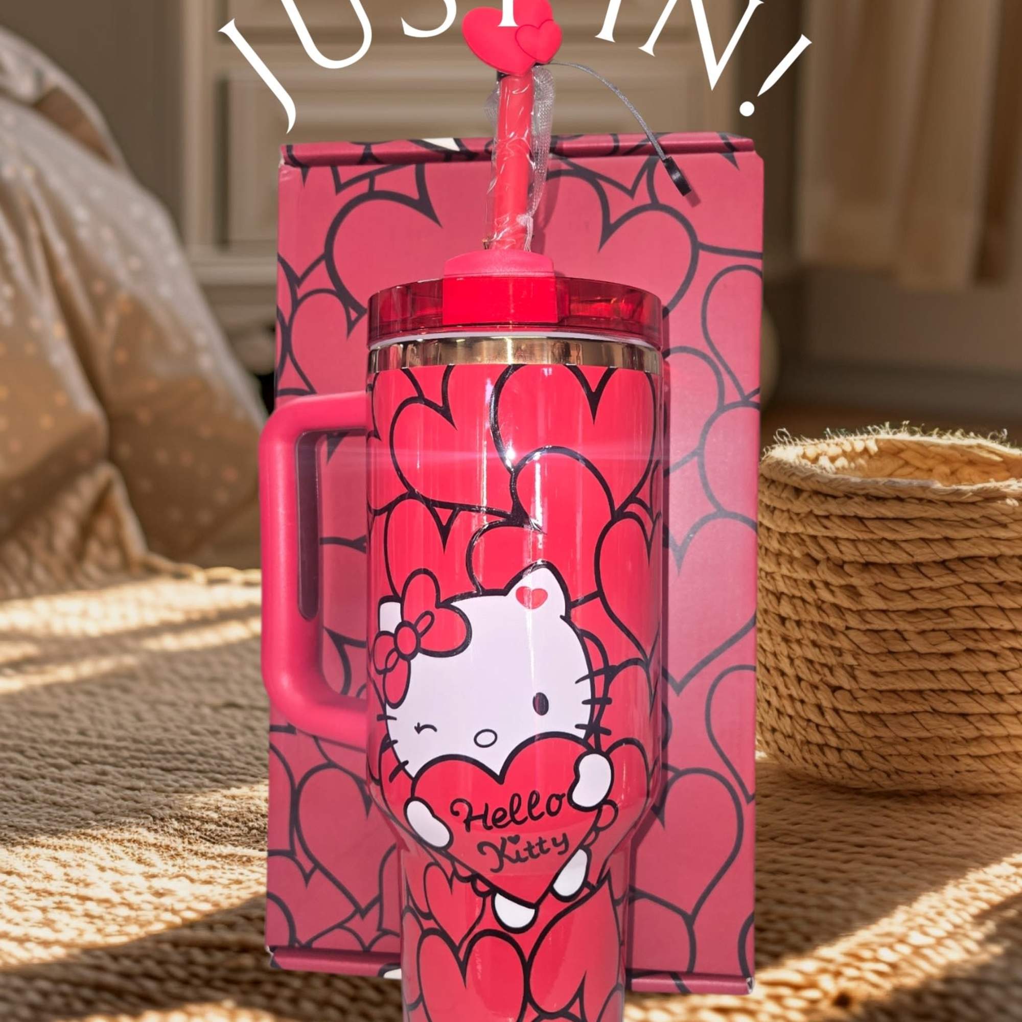 Pink Hello Kitty tumbler with heart pattern and matching gift box